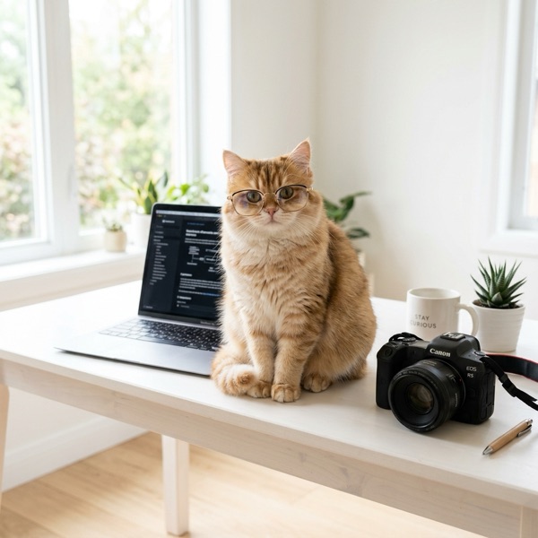 Умный кот в очках проверяет пробег DSLR камеры на ноутбуке