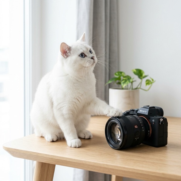 Белый кот изучает беззеркальную камеру Sony Alpha на столе